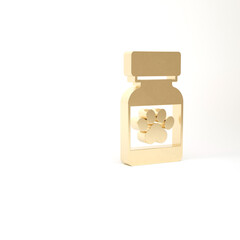 Gold Medicine bottle and pills icon isolated on white background. Container with pills. Prescription medicine for animal. 3d illustration 3D render