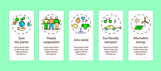 Save the planet app page screen with concepts. Refuse, reduce, reuse, recycle, rot. Walkthrough 5 steps graphic tasks