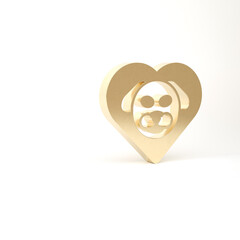Gold Heart with dog icon isolated on white background. Pet paw in heart. Love to the animals. 3d illustration 3D render