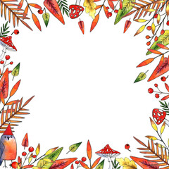 Fototapeta na wymiar square frame of watercolor autumn leaves, rowan berries and amanitas on a white background.