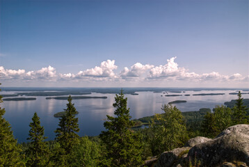 View from Koli mountain hill Finland to lake Pielinen. National park and hiking location. Popular tourism spot. Green values and environment. Heritage of finnish culture. 