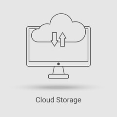 The Cloud Storage and Data Transfer icon.The concept of file storage and the use of cloud storage.Vector illustration of the thin line icon.Black on a white background.