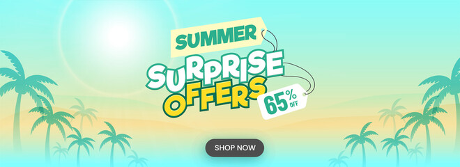 Fototapeta na wymiar 65% Surprise Offer For Summer Sale Header Or Banner Design With Sunshine Natural View.