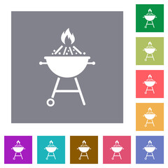 Burning barbecue grill square flat icons