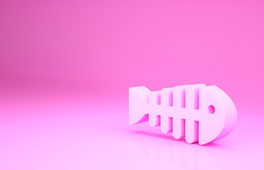 Pink Fish skeleton icon isolated on pink background. Fish bone sign. Minimalism concept. 3d illustration 3D render