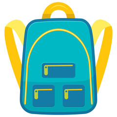 Сolored kids school backpack in flat style.  Education, study back to school, rucksack. Isolated on white background..Vector illustration.