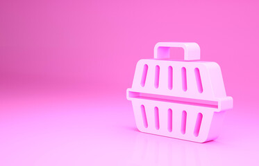 Pink Pet carry case icon isolated on pink background. Carrier for animals, dog and cat. Container for animals. Animal transport box. Minimalism concept. 3d illustration 3D render