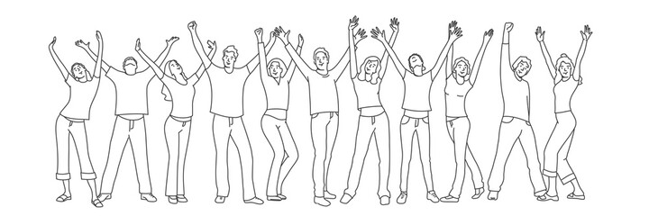 Group of people standing with raising hands.