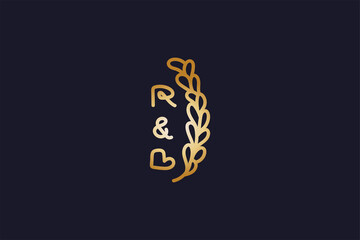 Initial Letter R and B with Flower in Golden Gradient. R and B Logo