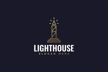 Gold Lighthouse Logo Design in Minimalist Line Style. Beacon Logo or Icon
