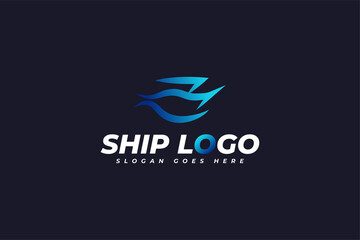 Fast Ship Logo with Waves in Blue Gradient. Yacht Logo. Ship Icon