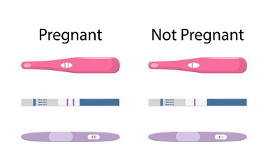 Set of different pregnancy tests, with one and two stripes positive, negative. Female reproductive concept Isolated on white background..Vector illustration.