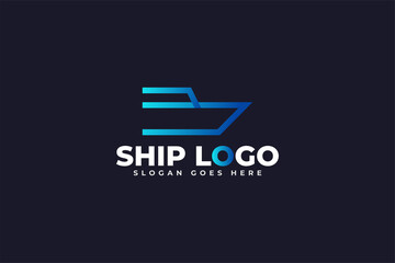 Minimalist Ship Logo with Line Style in Blue Gradient. Yacht Logo. Ship Icon