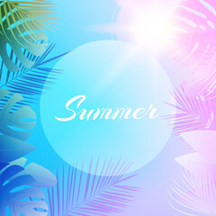 Summer tropical  leaf's frame with sun, palm leaves  background with place for your text.   .Vector illustration.