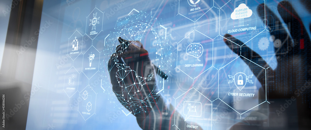 Poster futuristic in industry 4.0 and business virtual diagram with ai, robot assistant, cloud, big data an