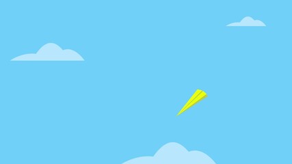 Cartoon animation of paper airplane flying in sky with clouds.  Yellow paper airplane flying in blue sky. Footage. MP4. Seven seconds.