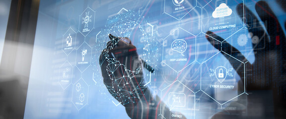 Futuristic in Industry 4.0 and business virtual diagram with Ai, robot assistant, Cloud, big data and automation. Business team meeting present. Photo professional investor working  startup project.