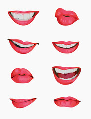 Set mouth emotions animation. Lip sync animated phonemes for woman character sign. Mouths with red lips speaking animations in english language text for education shape isolated symbol vector set
