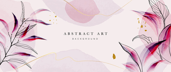 Obraz premium Abstract art gold tropical leaves background vector. Luxury wallpaper with watercolor, tropical leaf framed, palm leaf, flower,Vivid foliage, exotic green and gold brush glitter