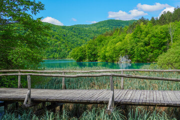 Path and fence in the landscape of Plitvice Lakes National Park (Plitvička jezera), Croatia, southeast Europe, UNESCO World Heritage
