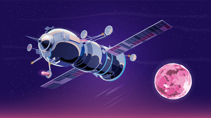 Vector illustration card with spaceship satellite in space with moon. Space history program, human exploration of near space. Picture with 3d model flying spaceship. Isolated © Andrey
