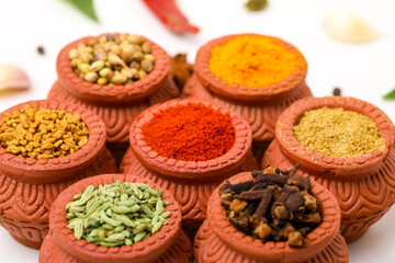 Indian spices collection, dried colorful condiment, nuts, pods and seeds and another spices in clay bowls.