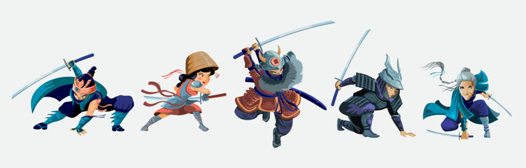 Collection with ninja, samurai,japanese girl and old woman warriors characters.Cartoon ninja samurai warriors with sword characters set. Isolated vector illustration