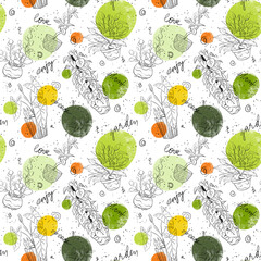 Hand drawn bright spring doodle pattern with home plants