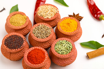 Indian spices collection, dried colorful condiment, nuts, pods and seeds and another spices in clay bowls.