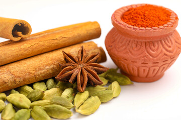 Indian spices and herbs on white background.