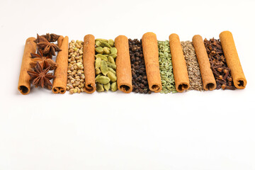 Indian spices and herbs on white background.
