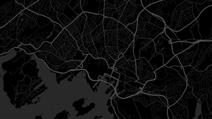 Black and dark grey Oslo City area vector background map, streets and water cartography illustration.