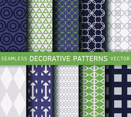 Set of seamless vector decorative multicolor blue and green patterns. Collection geometric abstract backgrounds for design, fabric, textile, home decor, wrapping etc.