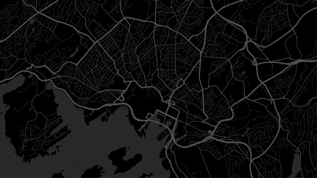 Black and dark grey Oslo City area vector background map, streets and water cartography illustration.