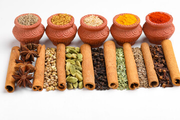 Indian spices and herbs on white background.