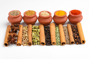 Indian spices and herbs on white background.