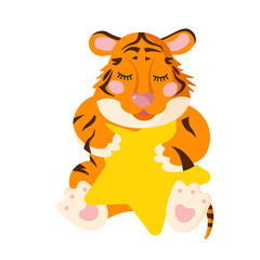 Cute baby tiger cub sleeps while hugging a star. Concept for baby products in the first months of life. 2022 is the year of the tiger. Cute kids character for poster, postcard, pajamas