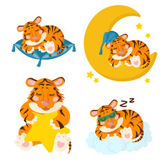 set of Cute little tiger cubs sleeping on pillows, clouds, moon. Concept for baby products in the first months of life.
2022 is the year of the tiger according to the Chinese calendar.