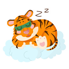 Cute baby tiger cub sleeps on a cloud wearing a night mask. Concept for baby products in the first months of life. 2022 is the year of the tiger.
Cute kids character for poster, postcard, pajamas