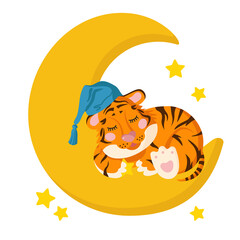 A cute baby tiger cub sleeps on the moon surrounded by stars and holds one star in its paws. Concept for baby products in the first months of life. 2022 is the year of the tiger. Cute kids character 