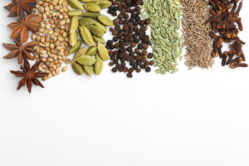 Indian spices and herbs on white background.