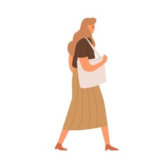 Young woman walking in casual clothing. Profile of abstract female character with shoulder bag, wearing skirt and blouse. Colored flat vector illustration isolated on white background
