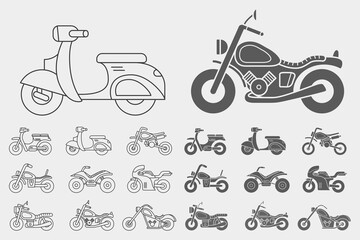 Obraz premium Motorbike Icons set - Vector outline symbols and silhouettes of motorcycle, bike, chopper, scooter and other transportation for the site or interface