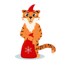 christmas vector illustration of a tiger with a beard with a red bag of gifts in his hands isolated on a white background