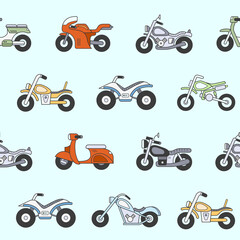 Motorbike - Vector color background (seamless pattern) of motorcycle, bike, chopper, scooter and other transportation for graphic design