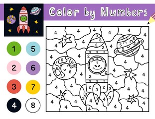 Color by numbers game for kids. Space coloring page with a frog in rocket. Printable worksheet with solution for school and preschool. Learning numbers activity. Vector illustration