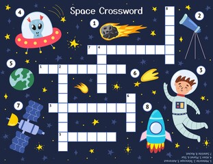 Crossword for kids with cute space characters. Word search puzzle. Educational game with astronaut, alien, rocket, meteorite, telescope, satellite, planet and star. Vector illustration