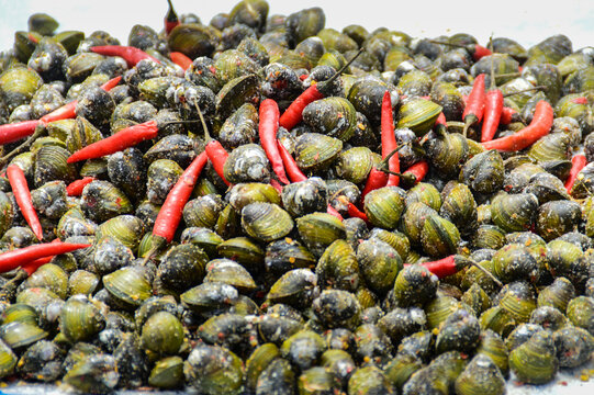 Close up of Cambodian sun dried clams called Lee Hal or Leas Hal