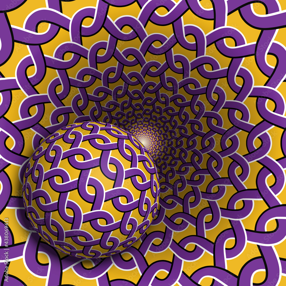 Poster sphere moves in a hole with interlacement pattern. vector purple golden optical illusion abstraction