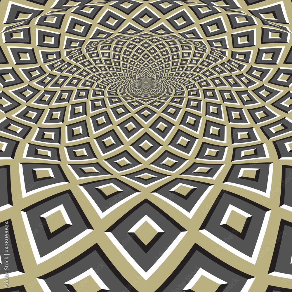 Poster moving optical illusion vector abstraction. splash on the surface of green gray square pattern.